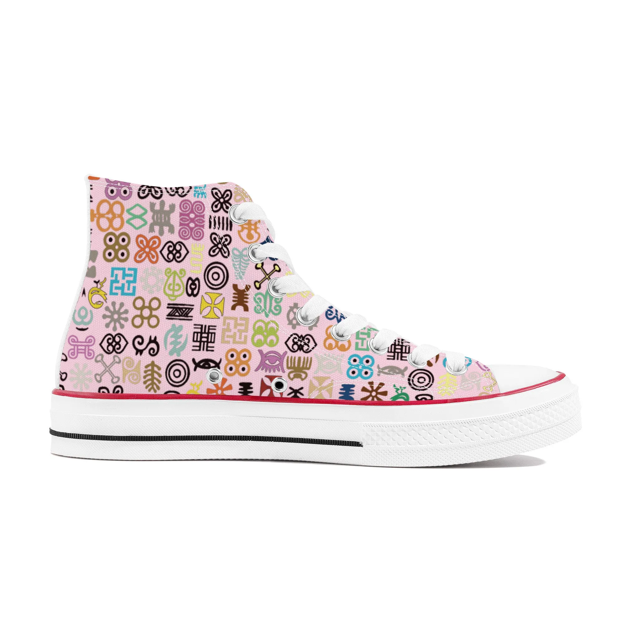 ADINKRA HIGH TOP CANVAS SHOES - SOFT PINK SNEAKERS WITH MULTICOLOR PRINT