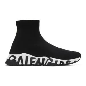 Balenciaga Black and White Graffiti Sole Speed High-Top Sneakers