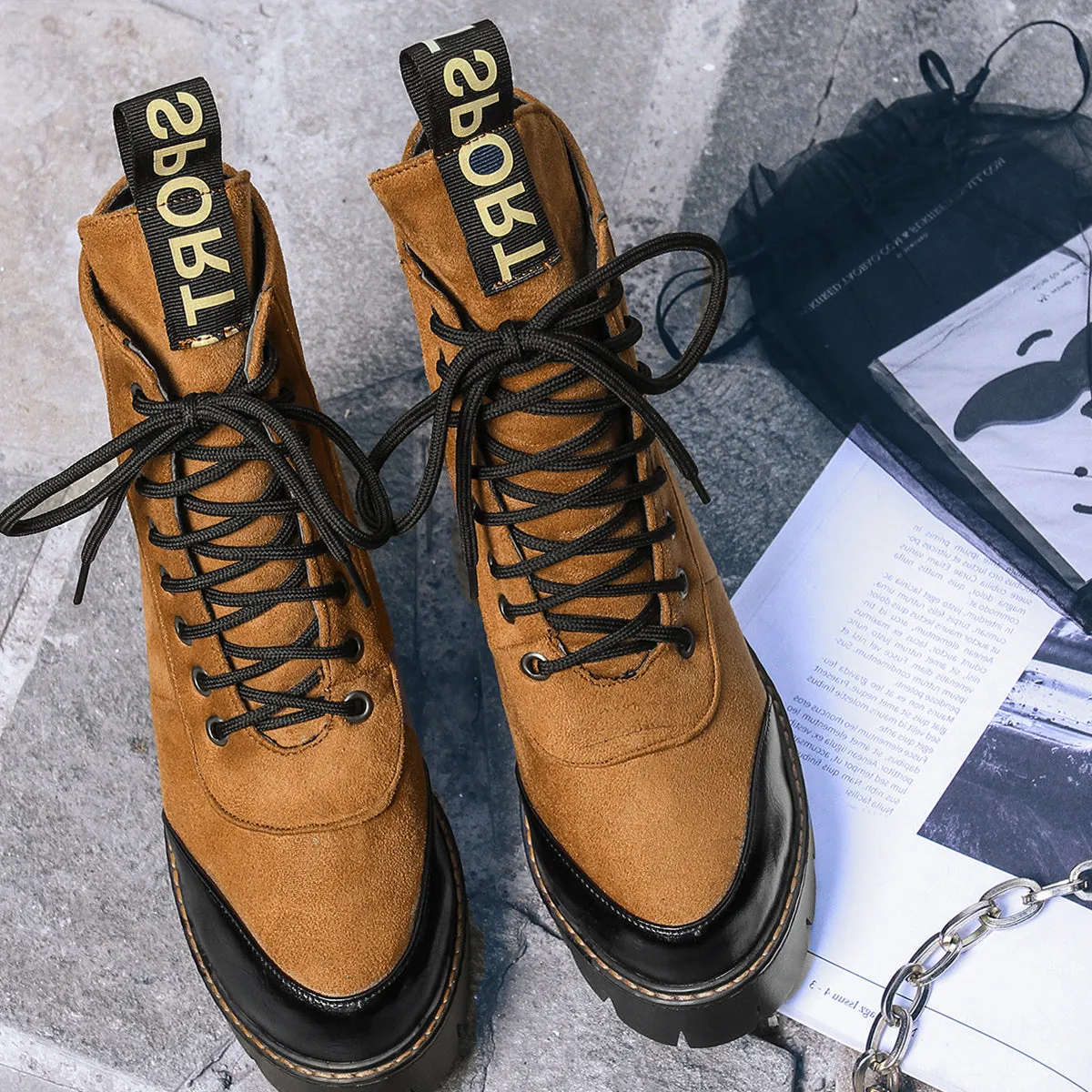 Bigsizeheels Round toe color strap Martin boots - Yellow