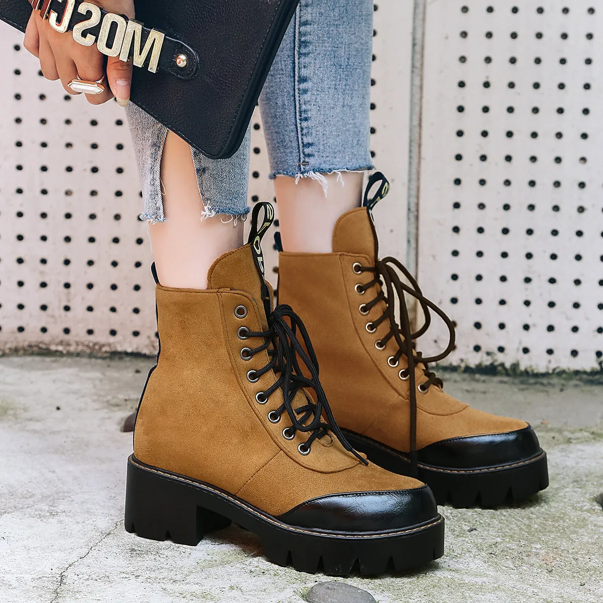 Bigsizeheels Round toe color strap Martin boots - Yellow