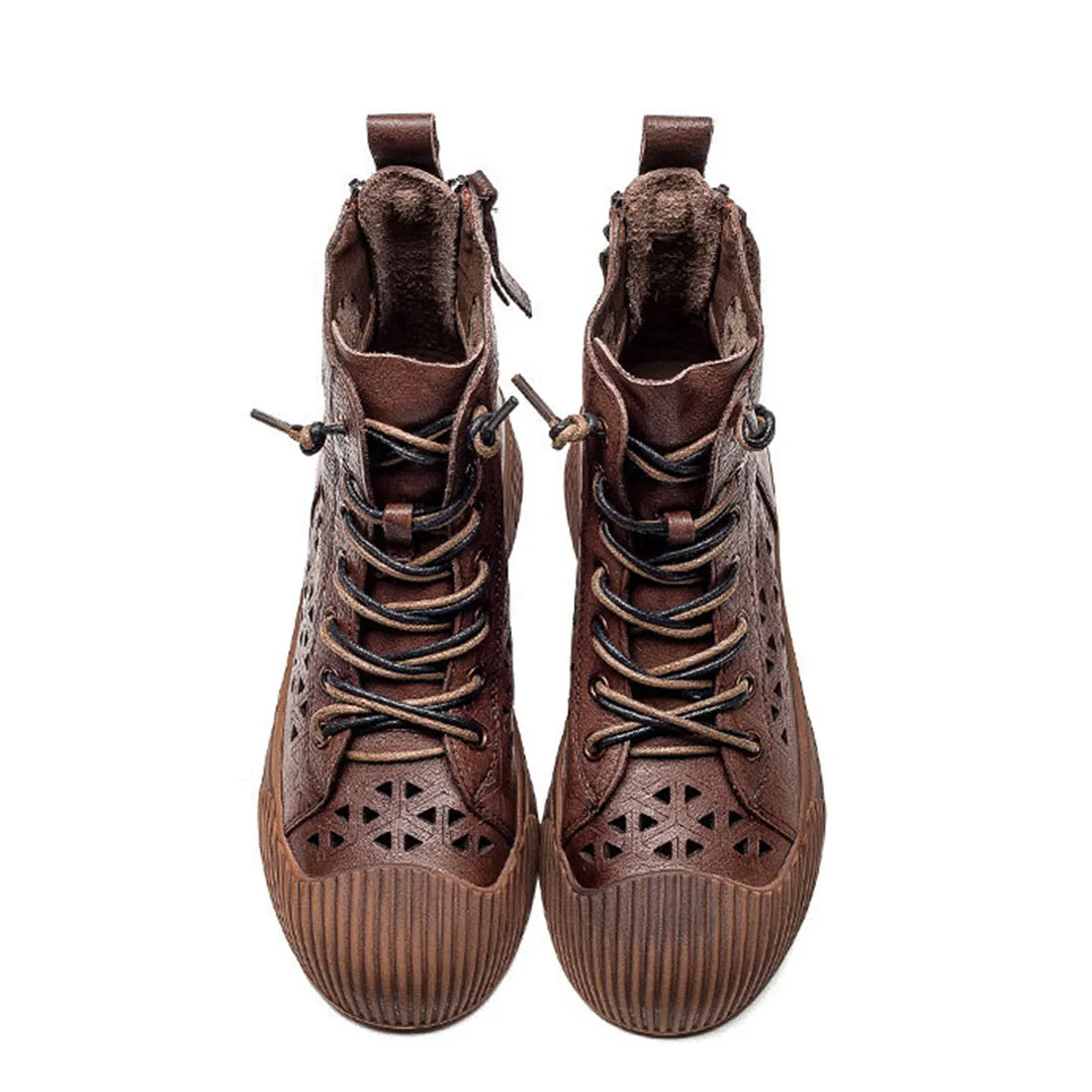 Hollow Out Lace Up Leather Boots