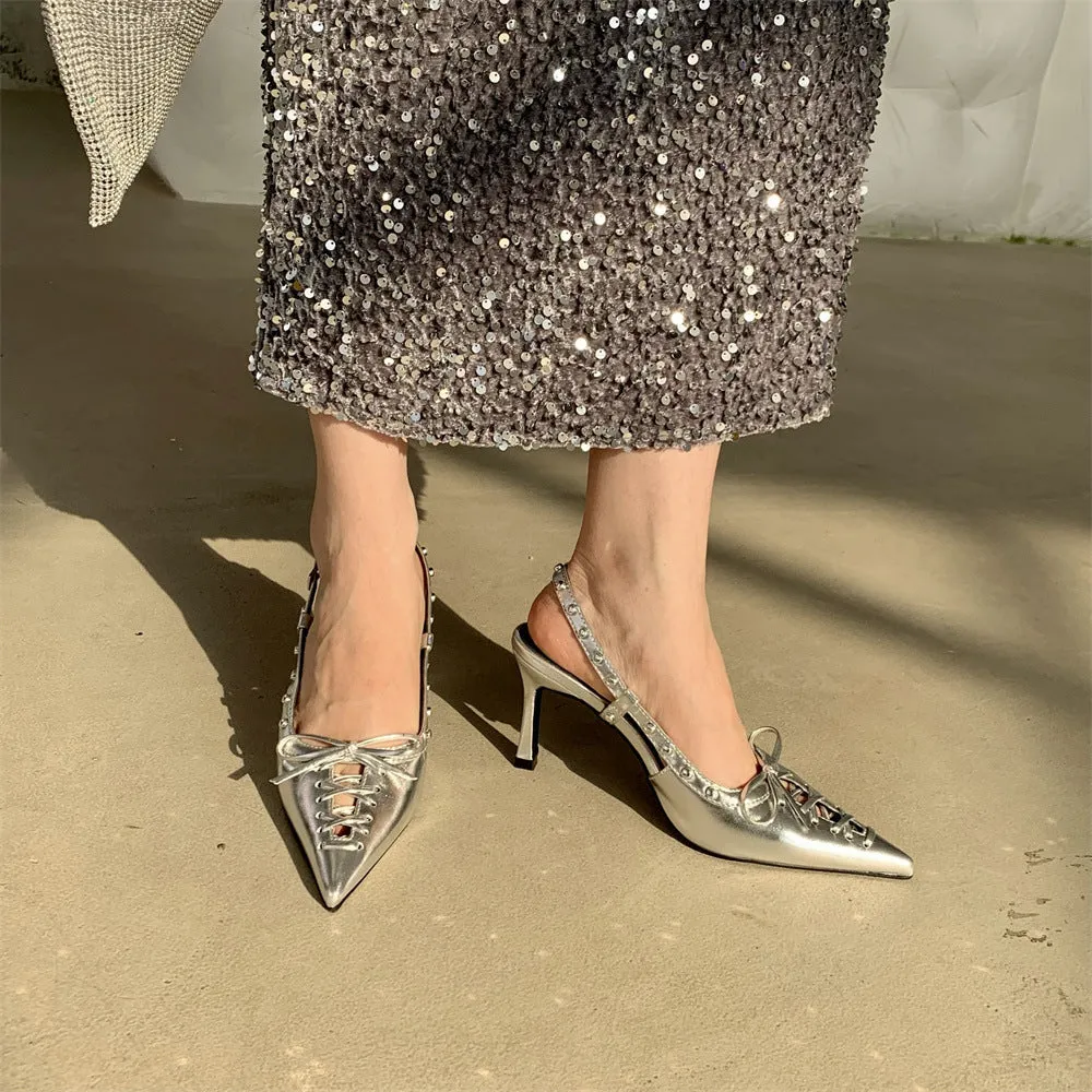 Metallic Bow Lace Up Heels