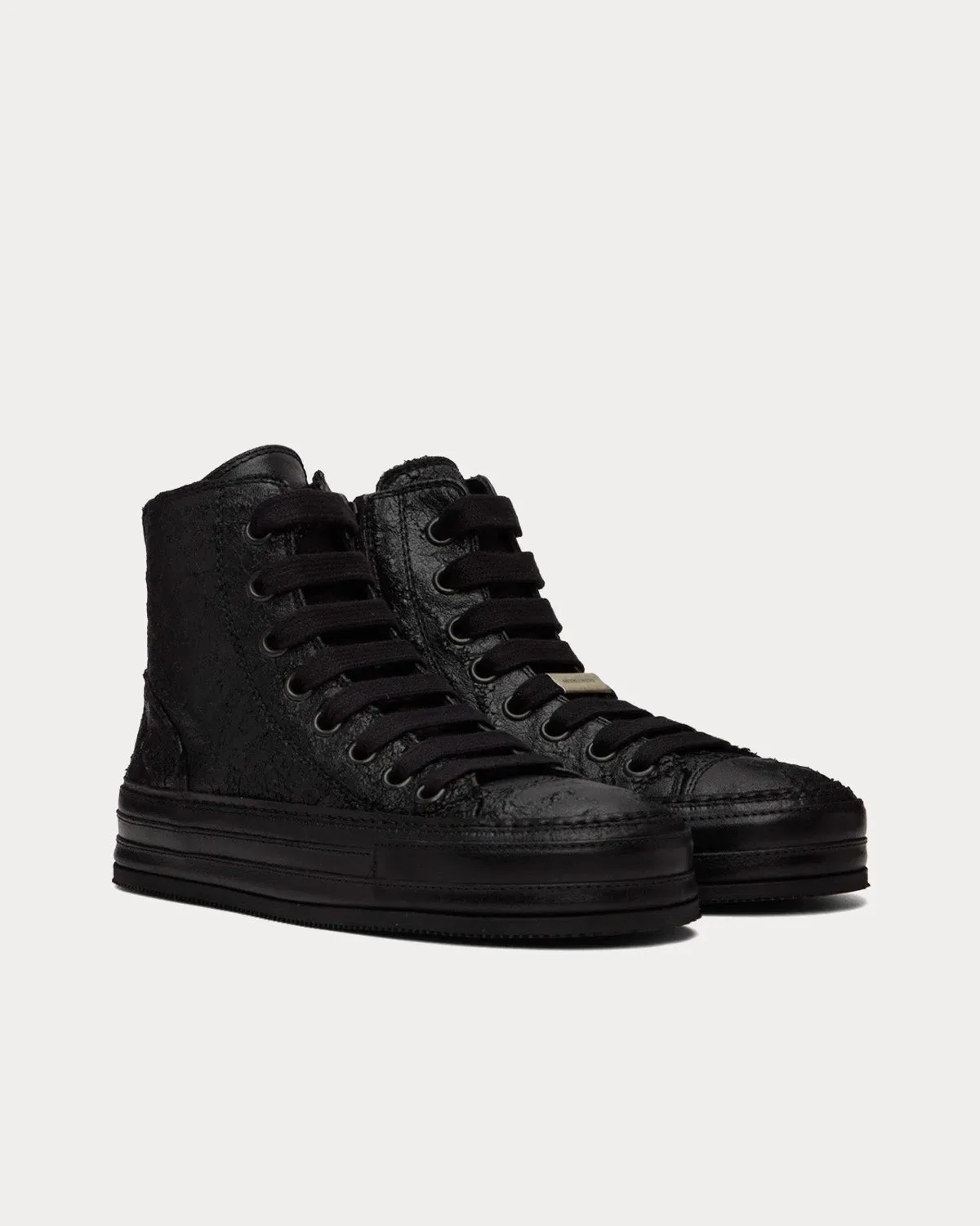 Raven Crinkled Leather Black High Top Sneakers