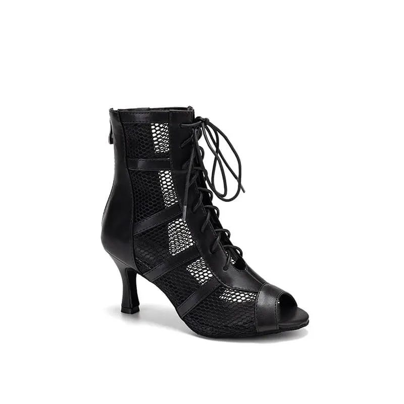 Women's Leather Mesh Lace Up Heels Boots