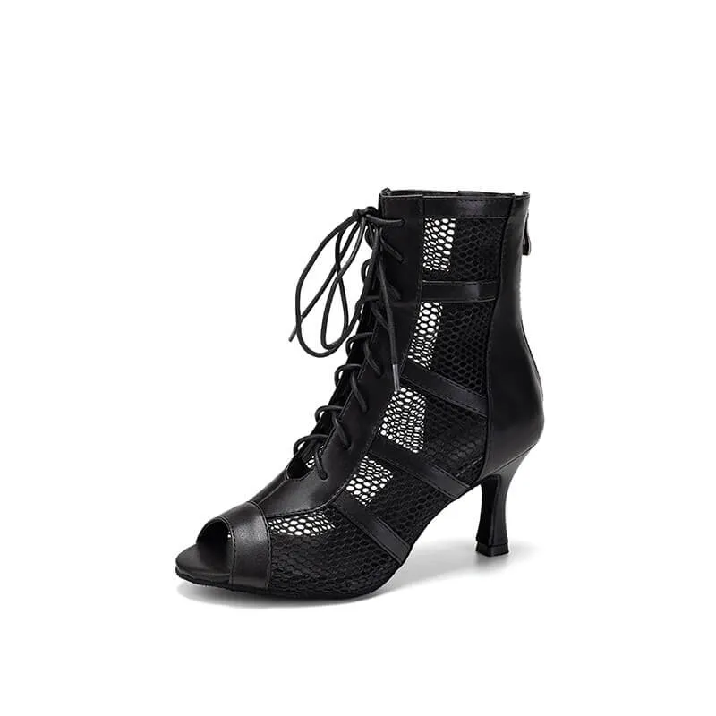 Women's Leather Mesh Lace Up Heels Boots