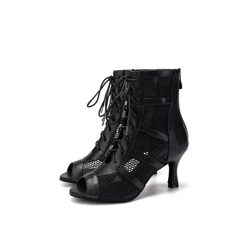 Women's Leather Mesh Lace Up Heels Boots